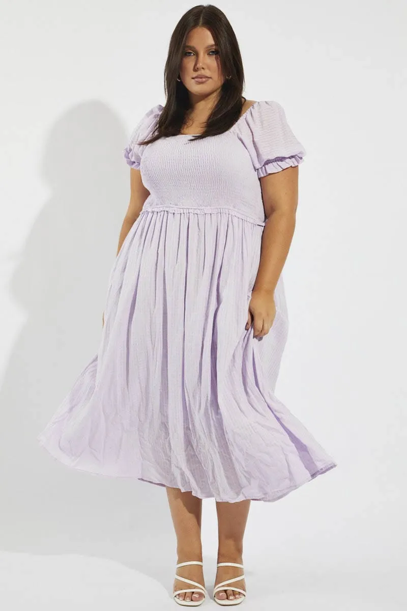 Fall Piece Beauty Zone Purple Midi Dress Short Sleeve Shirred