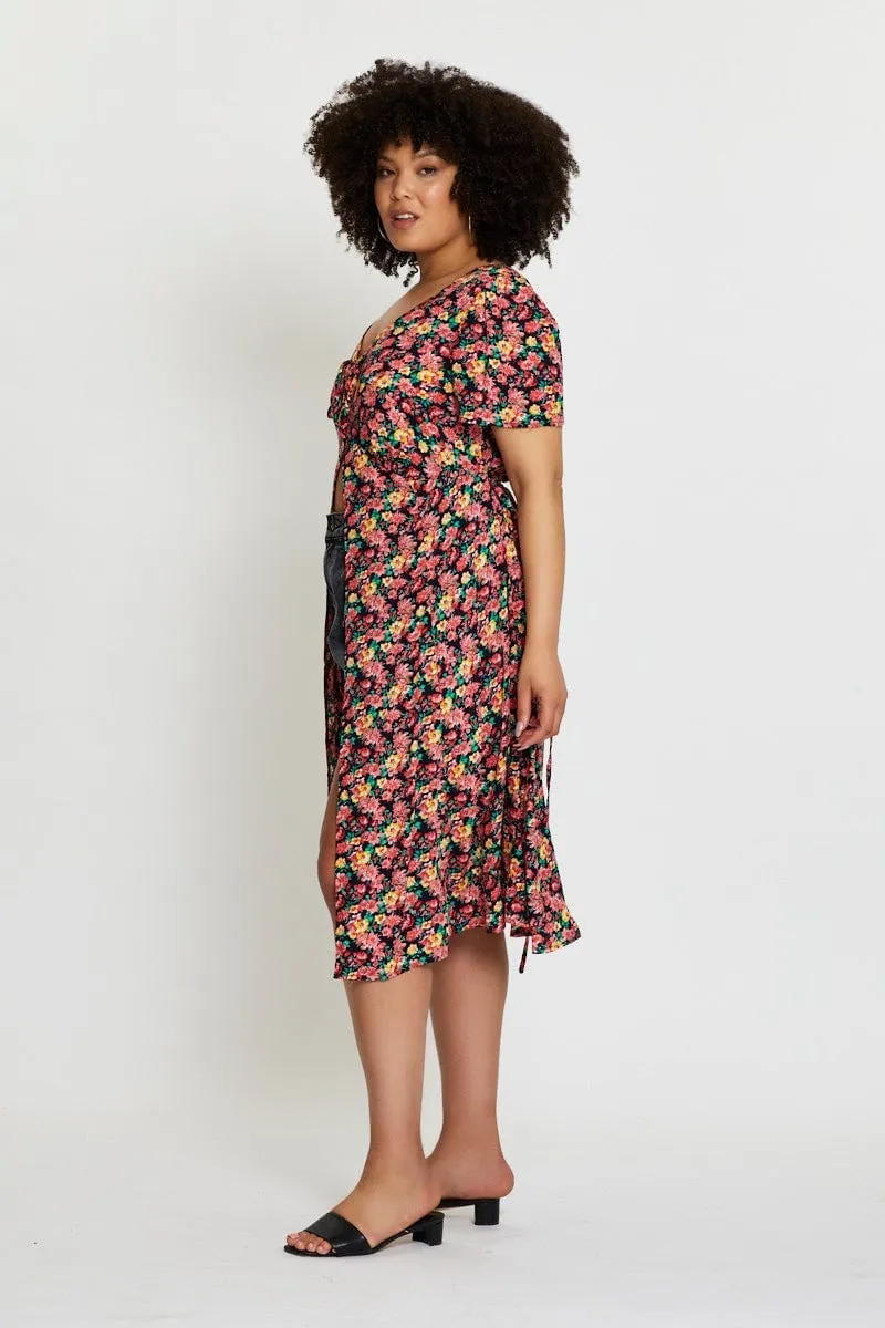Floral Print Midi Dress Short Sleeve Button Seasonal Mood