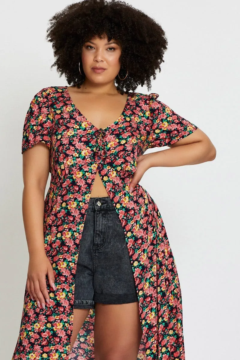 Floral Print Midi Dress Short Sleeve Button Vibrant pattern