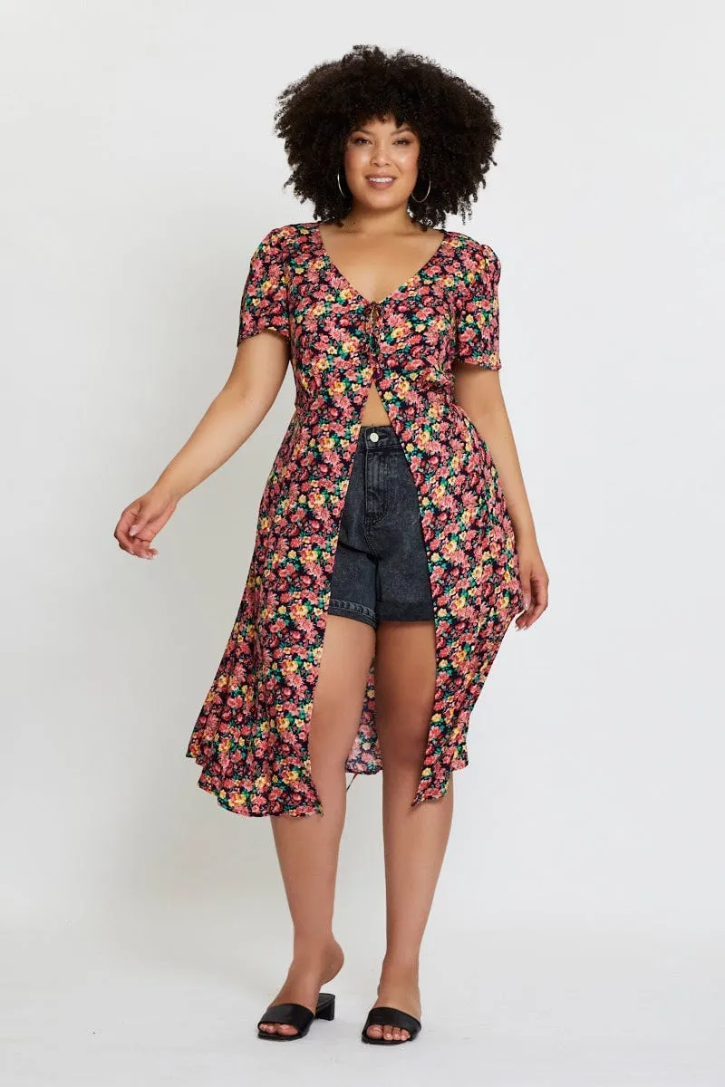 Balloon-Sleeve Floral Print Midi Dress Short Sleeve Button