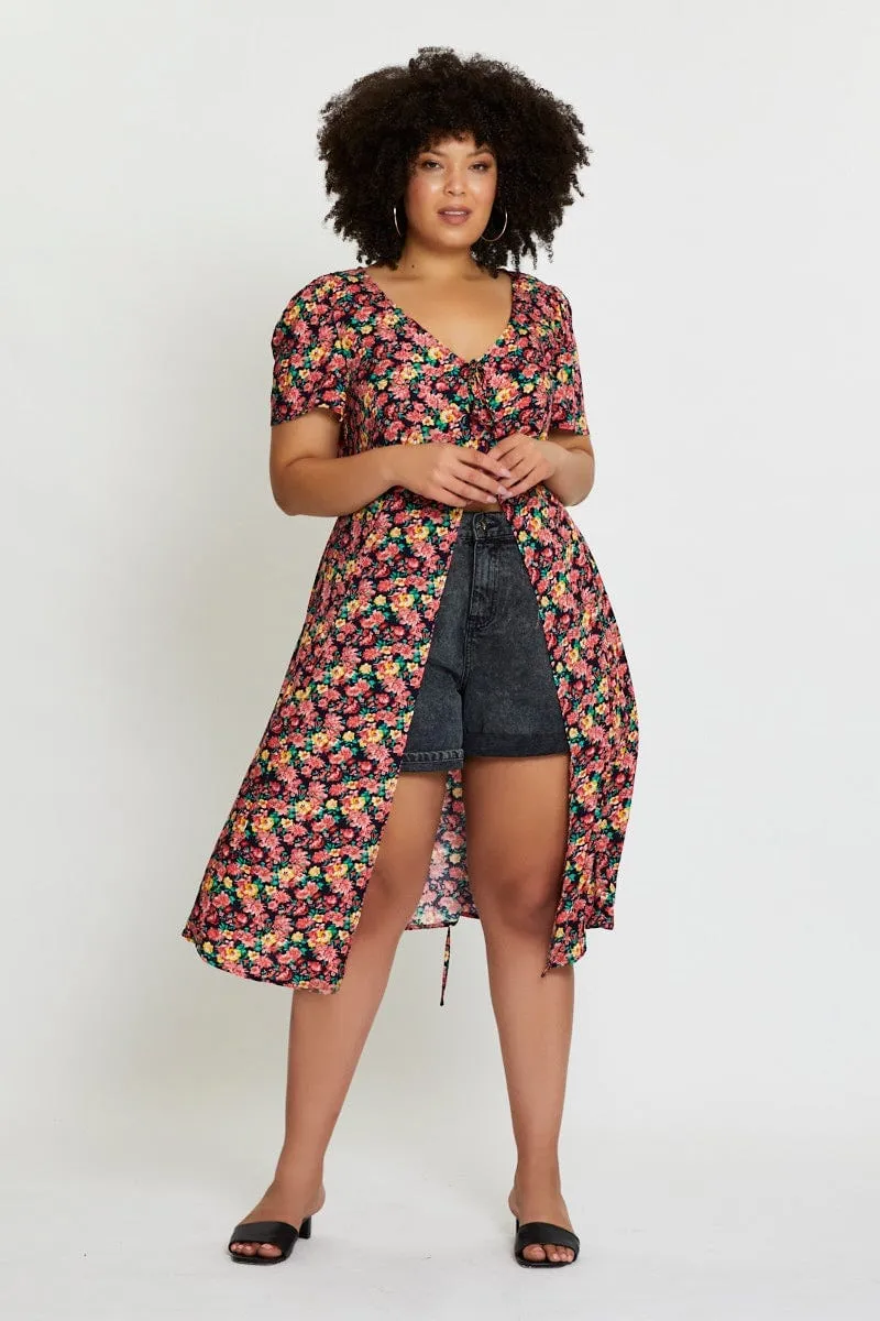 Floral Print Midi Dress Short Sleeve Button Hot Now Classic Tailoring
