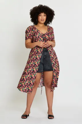 Floral Print Midi Dress Short Sleeve Button Hot Now Classic Tailoring