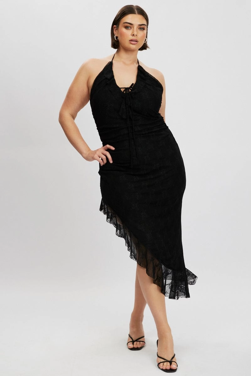 Calm Lines Black Asymmetric Lace Bodycon Dress