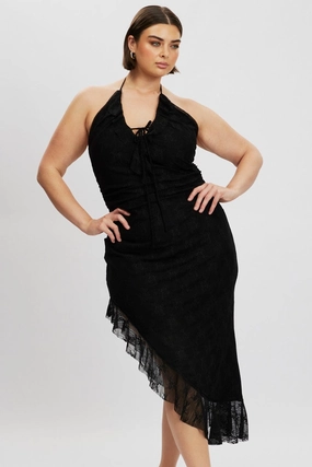 Smart Layer Silky Layer Black Asymmetric Lace Bodycon Dress