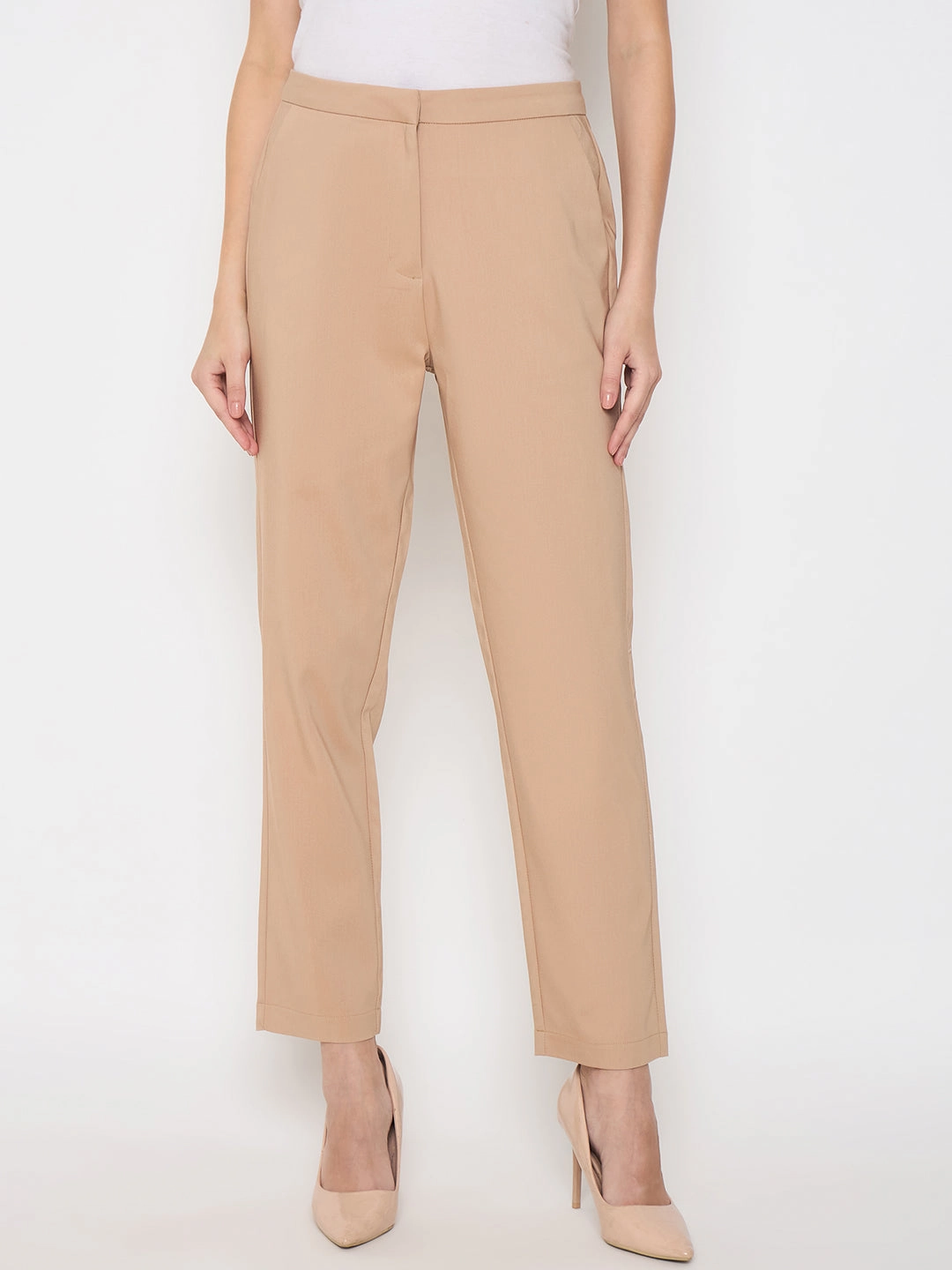 Move Freely Relaxed Comfort Wear Madame Alex Waist Belt Detail Solid Beige Trousers