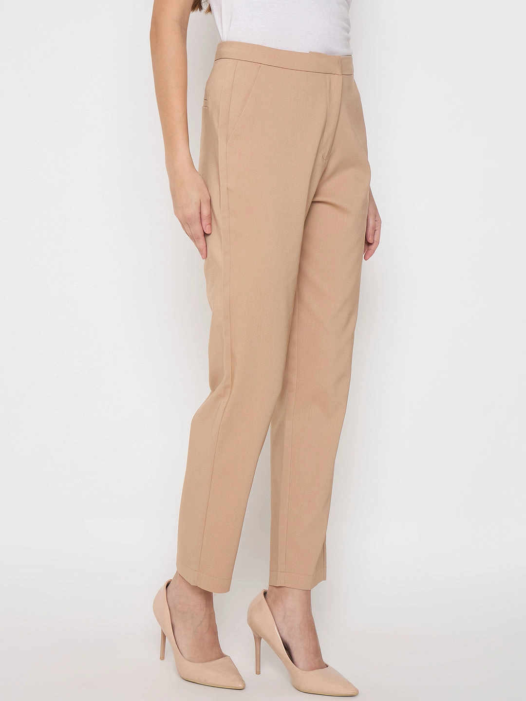 Madame Alex Waist Belt Detail Solid Beige Trousers Comfy Motion Chilly Weather Comfort