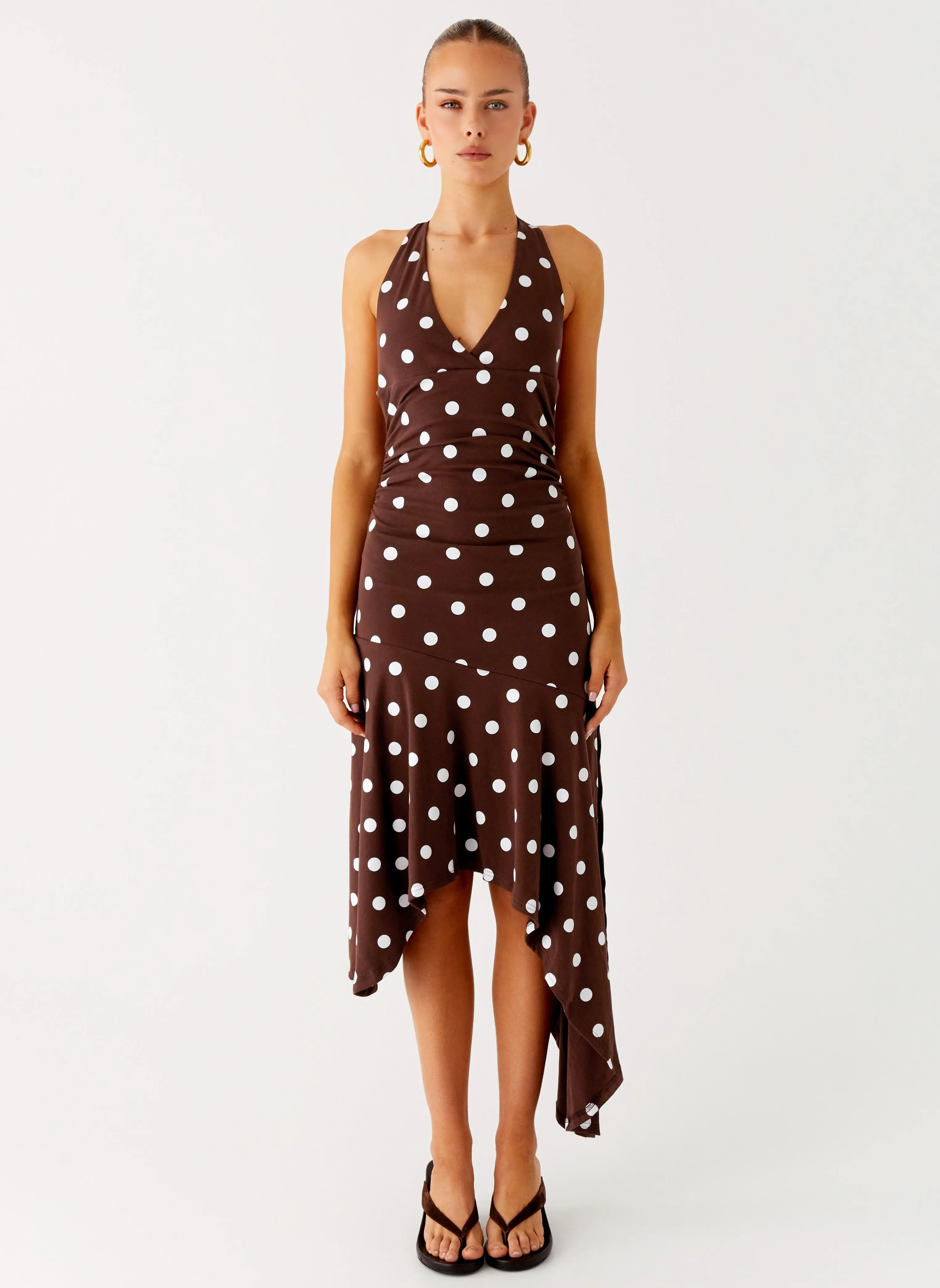 Keylani Halter Midi Dress - Chocolate Glossy Detail Comfortable Layer