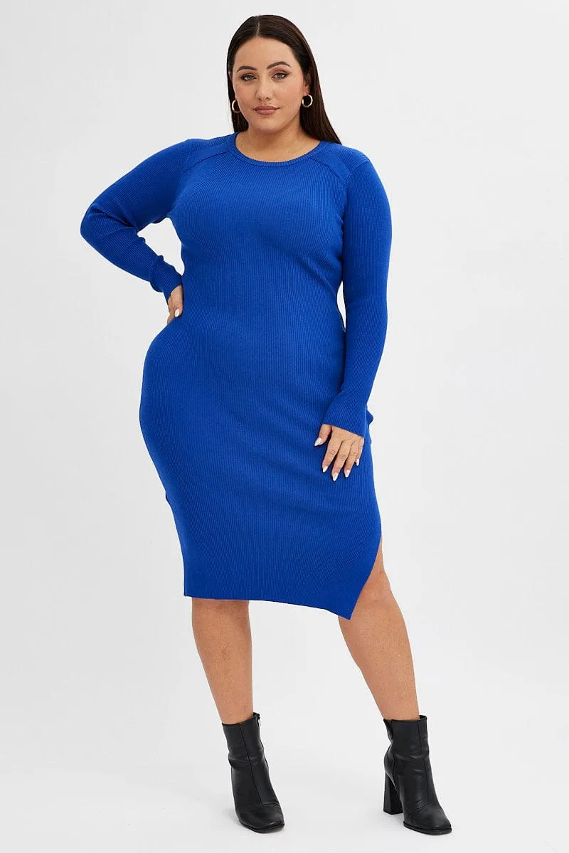 Work Option Mood Comfort Blue Knit Dress Raglan Round Neck Side Split