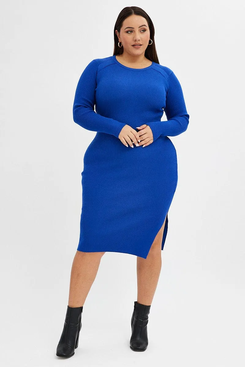 Blue Knit Dress Raglan Round Neck Side Split Petite Chic
