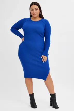 Work Option Mood Comfort Blue Knit Dress Raglan Round Neck Side Split