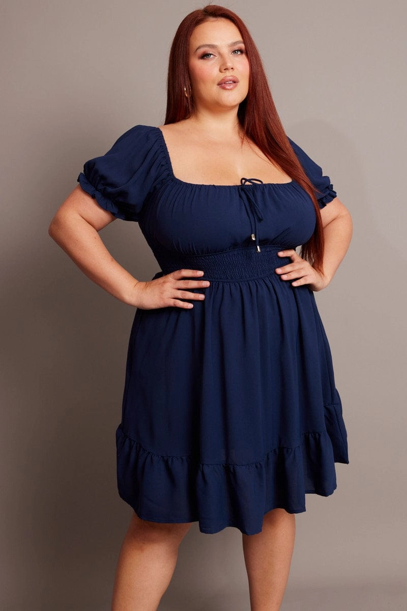 Floating Shape Cloud Light Denim Gathered Bust Tie Front Shirred Waist Minidress