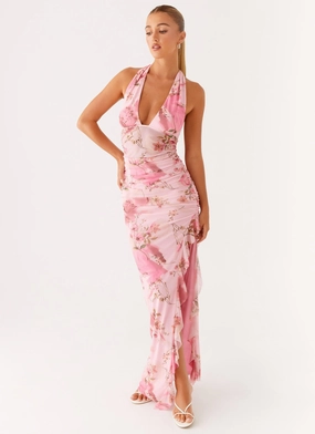 Micca Halter Maxi Dress - Pink Floral Print Clean Cut