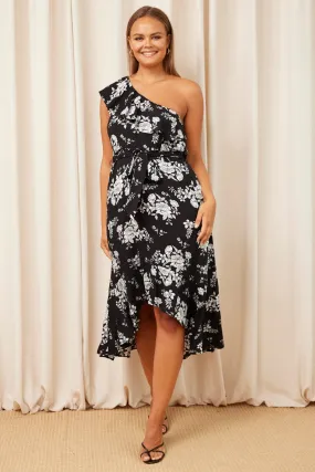 Trop Print Midi Dress One Shoulder Sleeveless Blush Glow Simple Ease