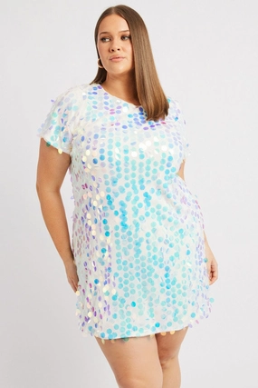 V Neckline Calm Grace White Sequin Mini T-Shirt Dress