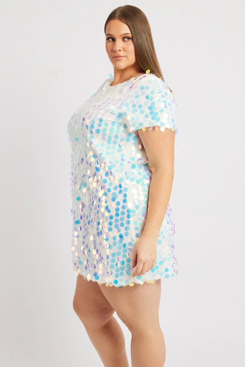 White Sequin Mini T-Shirt Dress Flowy Layers Trendy Tailoring