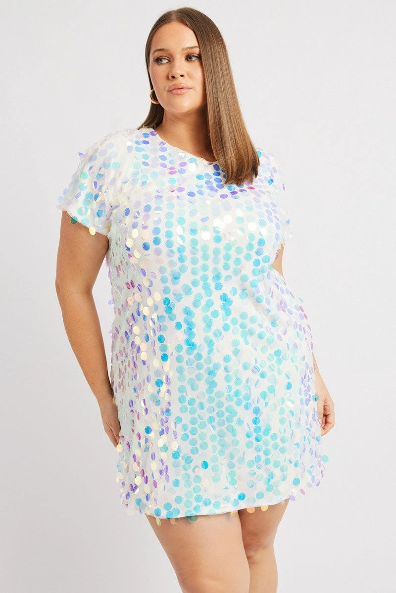 V Neckline Calm Grace White Sequin Mini T-Shirt Dress
