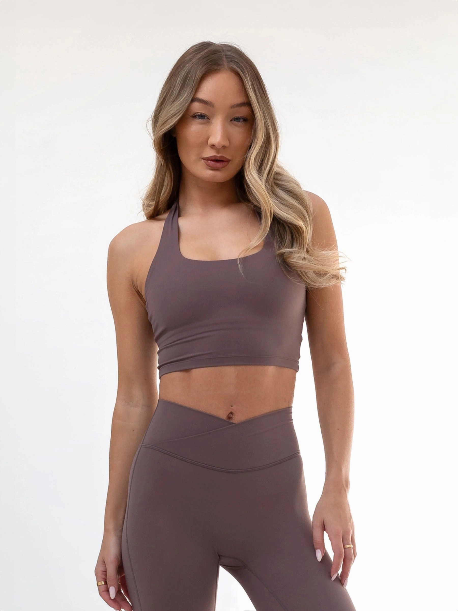 Adaptive Stretch Fabric Ultimate Halter Neck Bra - Mauve Brown