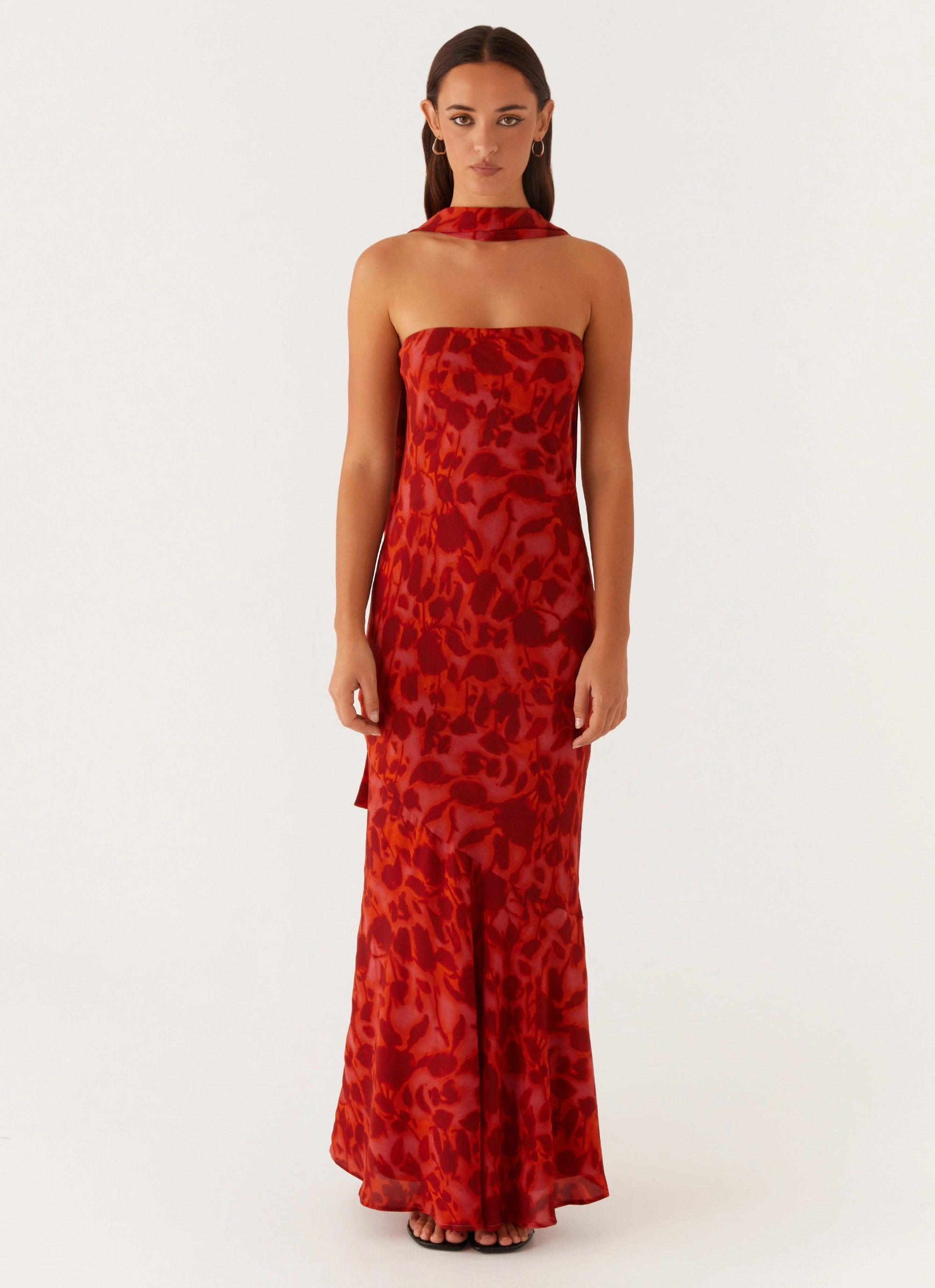 Under The Pagoda Maxi Dress - Deep Red Floral Dew Tone