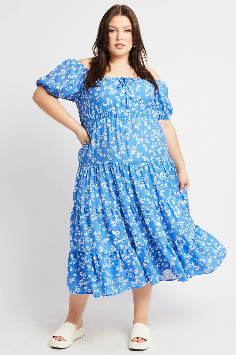 Modern Design Blue Ditsy Midi Dress Short Sleeve Tiered