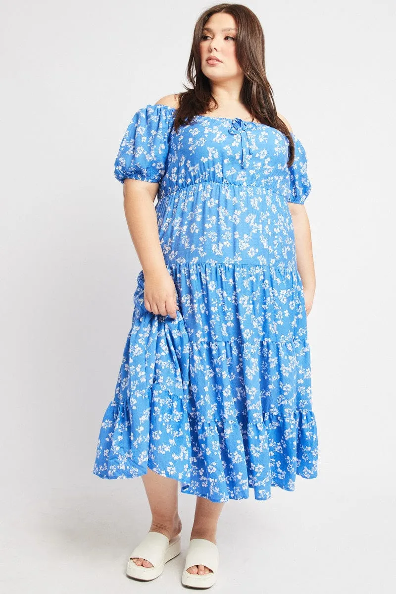 boho vibe Lightweight Layer Blue Ditsy Midi Dress Short Sleeve Tiered