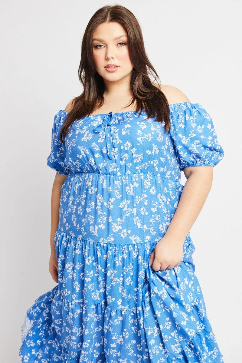 LightweightMaterial Pure Tone Blue Ditsy Midi Dress Short Sleeve Tiered