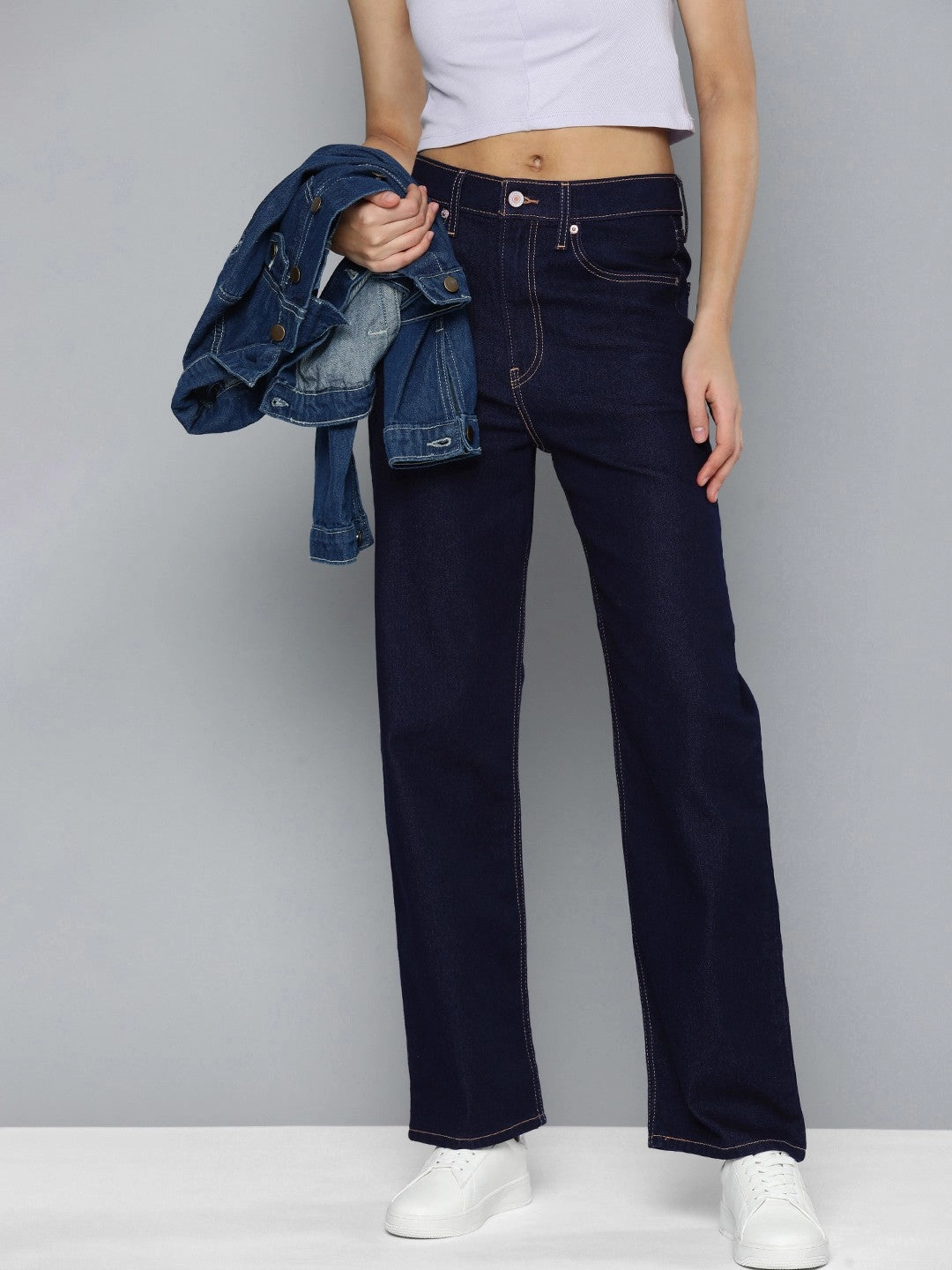 Women's Navy Blue Ribcage Straight Fit High Rise Jeans Quality Staple Student Outfit Streetwear Fan