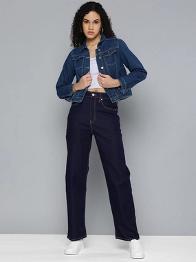 Stain Release Finish Women's Navy Blue Ribcage Straight Fit High Rise Jeans