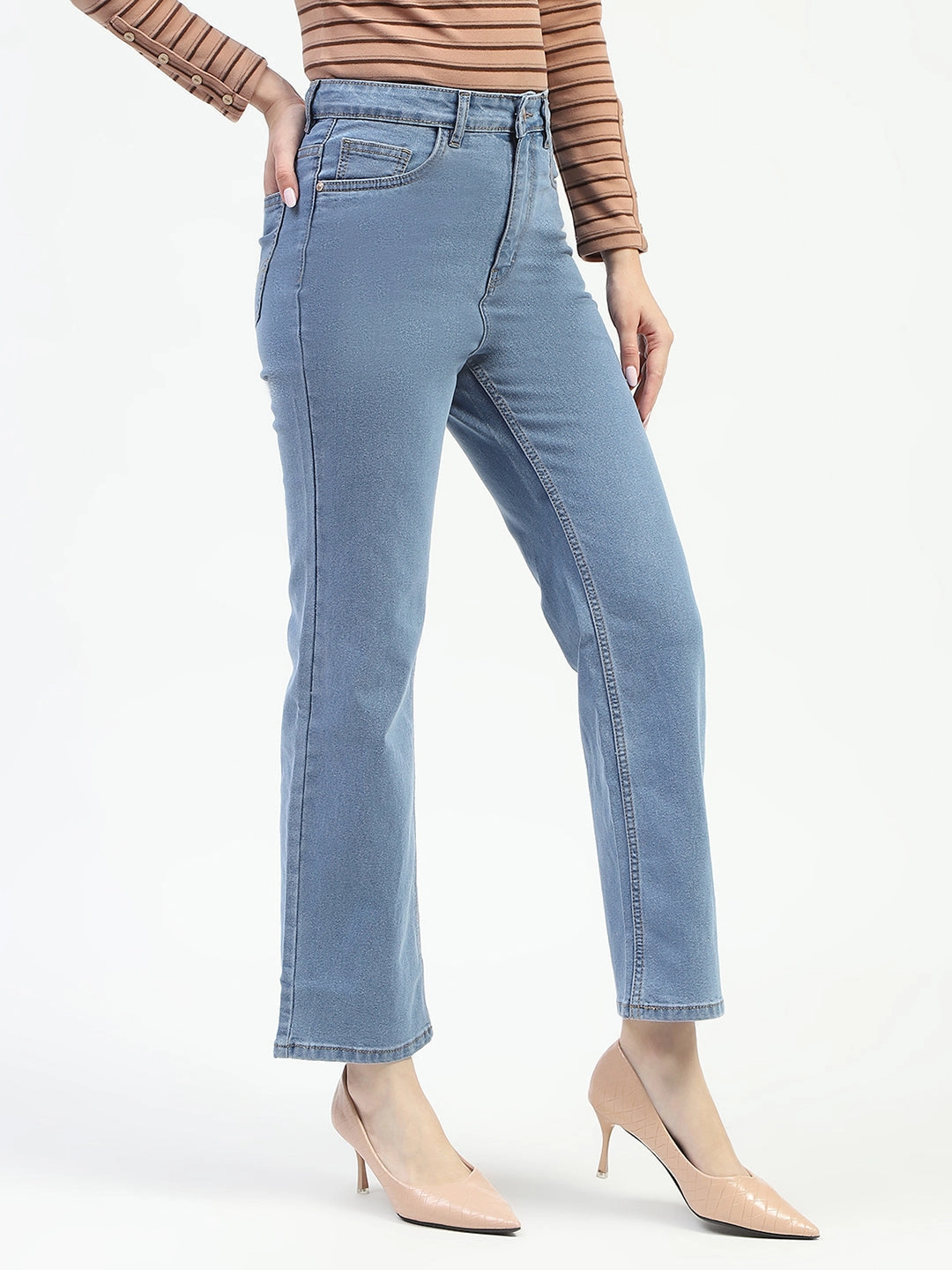 Bold Earthy Garment Dyed Technique Madame Light Blue Straight Fit Cotton Denim Jeans