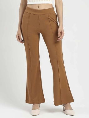 Polished Look Madame Side Zipper Flared Coffee Brown Knitted Moss Trousers
