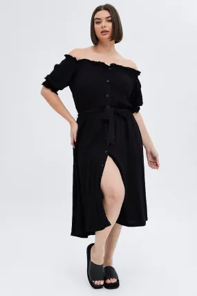 Fine Details Black Short Sleeve Linen Button Midi Dress