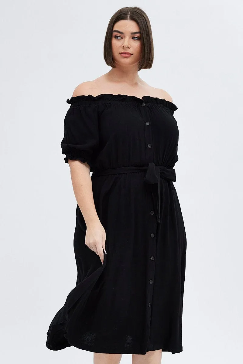 Black Short Sleeve Linen Button Midi Dress Red Carpet