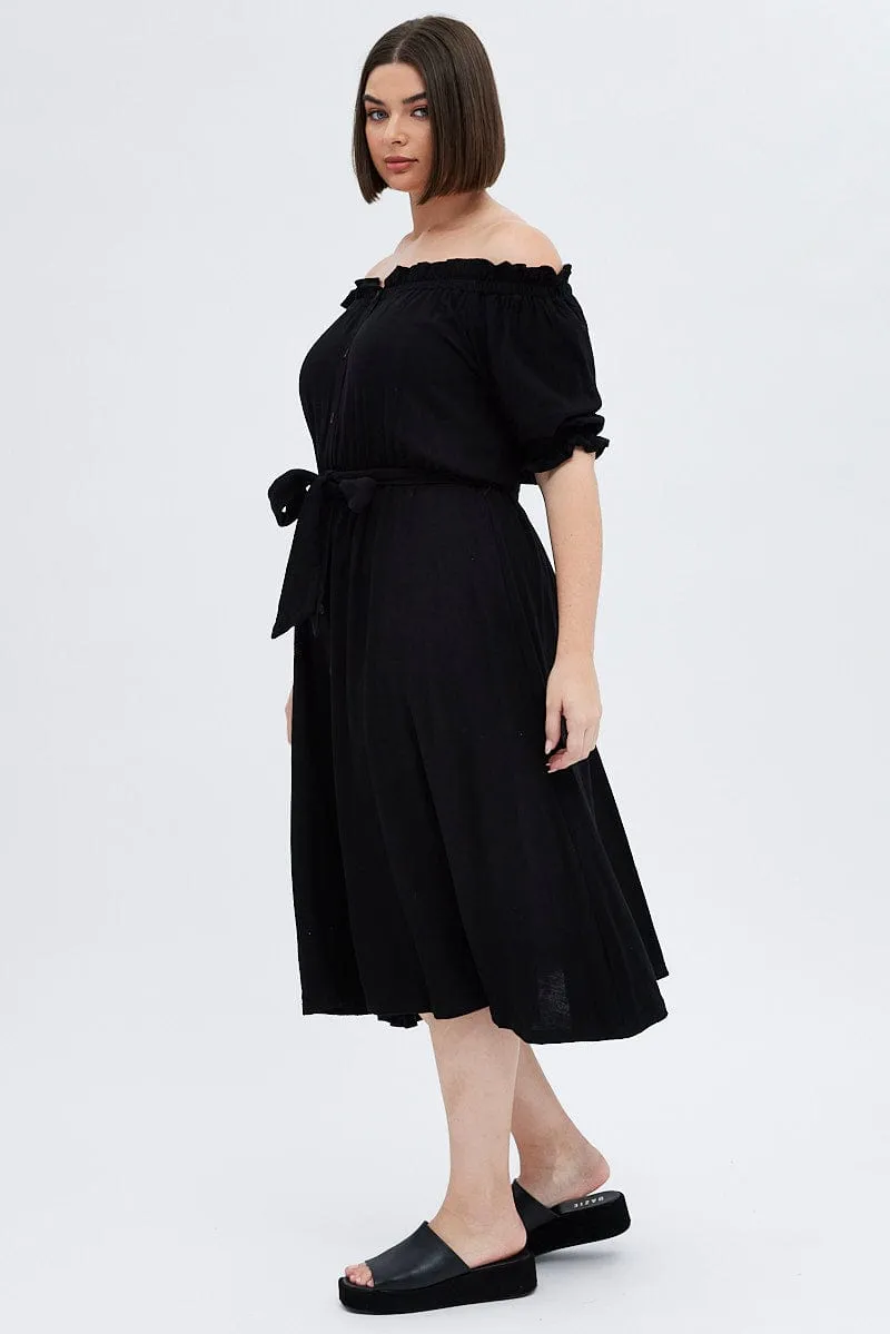 Floral Pattern Black Short Sleeve Linen Button Midi Dress