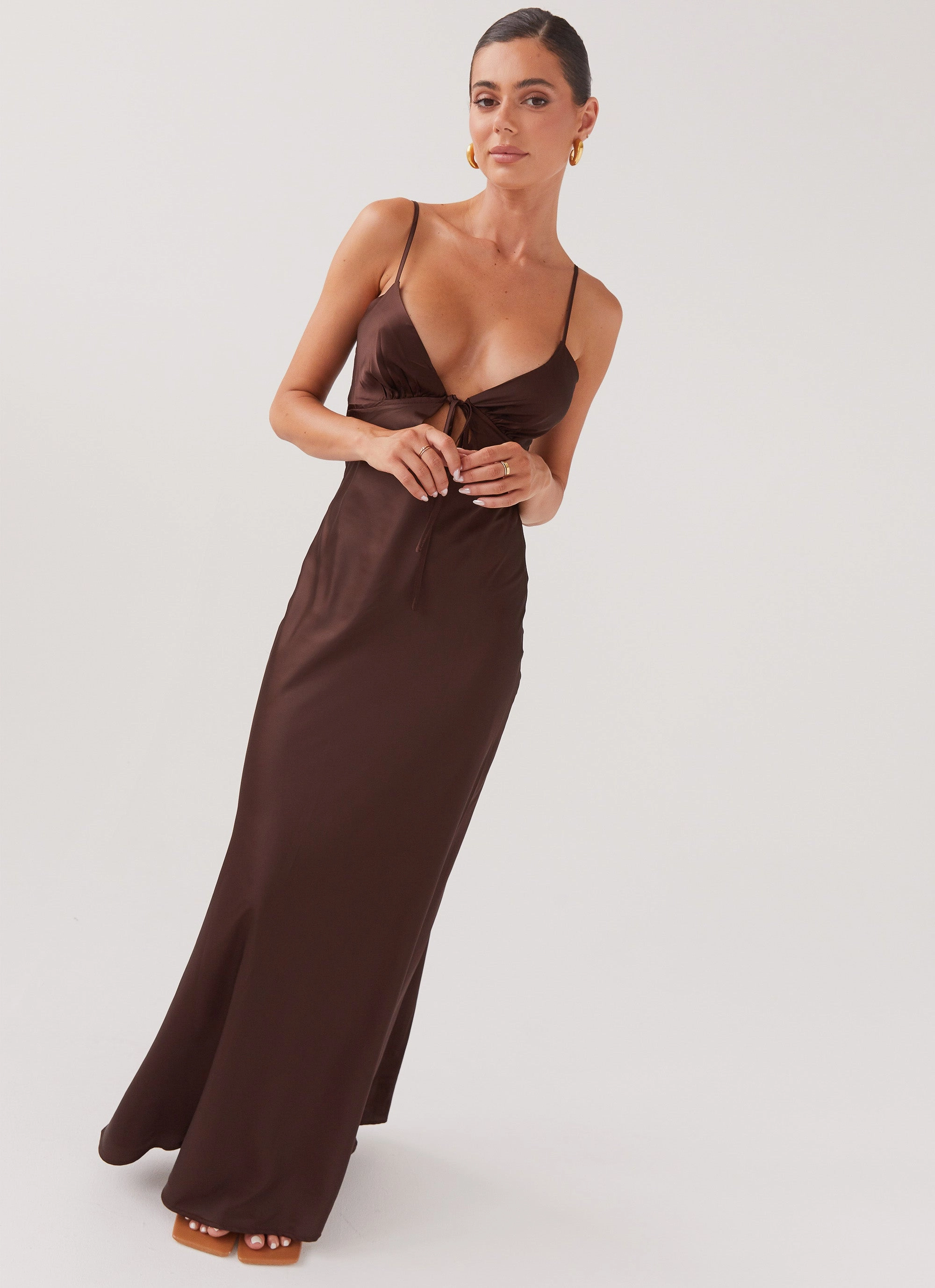 Flora Satin Maxi Dress - Chocolate Celebrity-Inspired