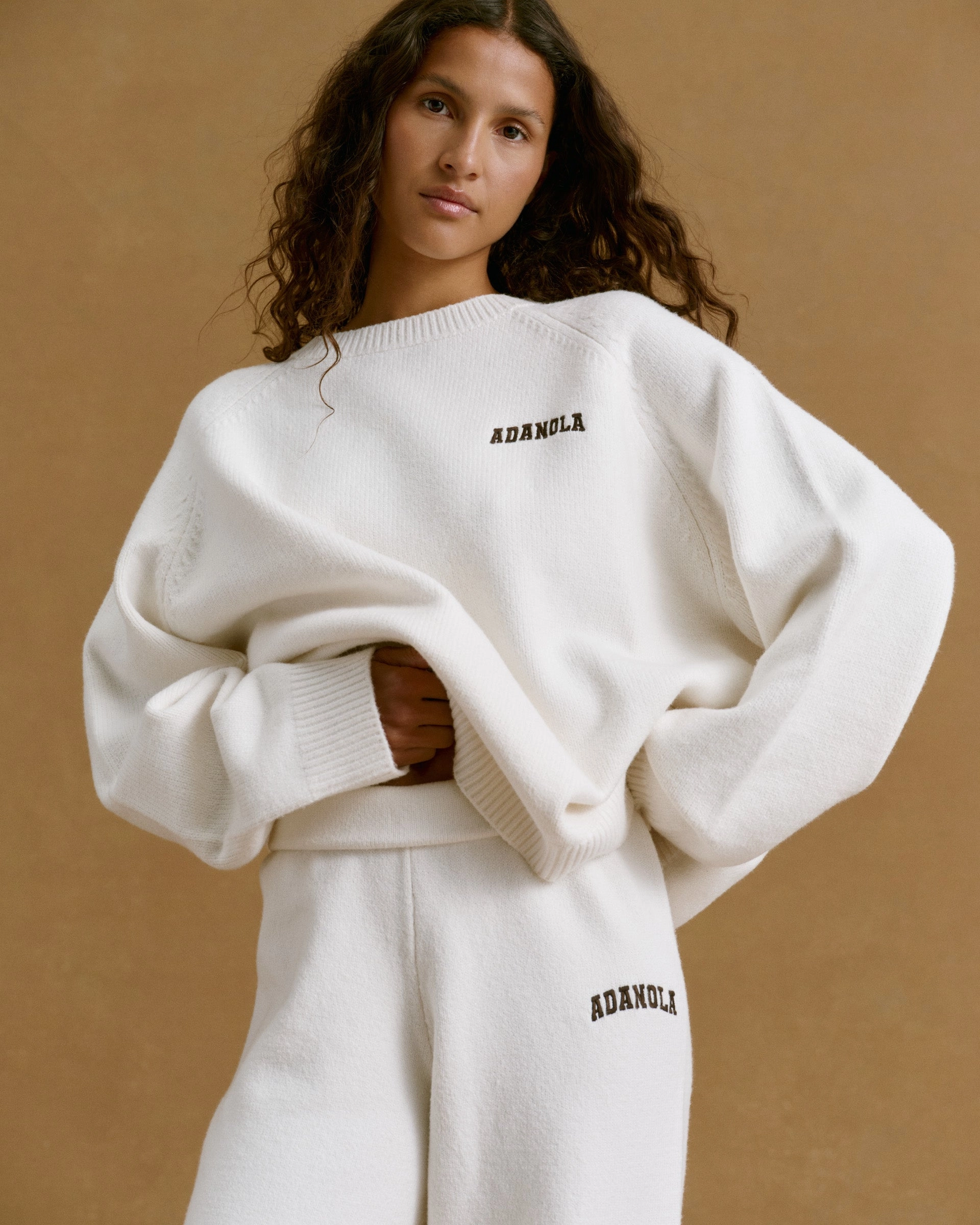 Flexible Activewear Soft Material Varsity Knit Straight Leg Sweatpants - Cream/Coffee Bean