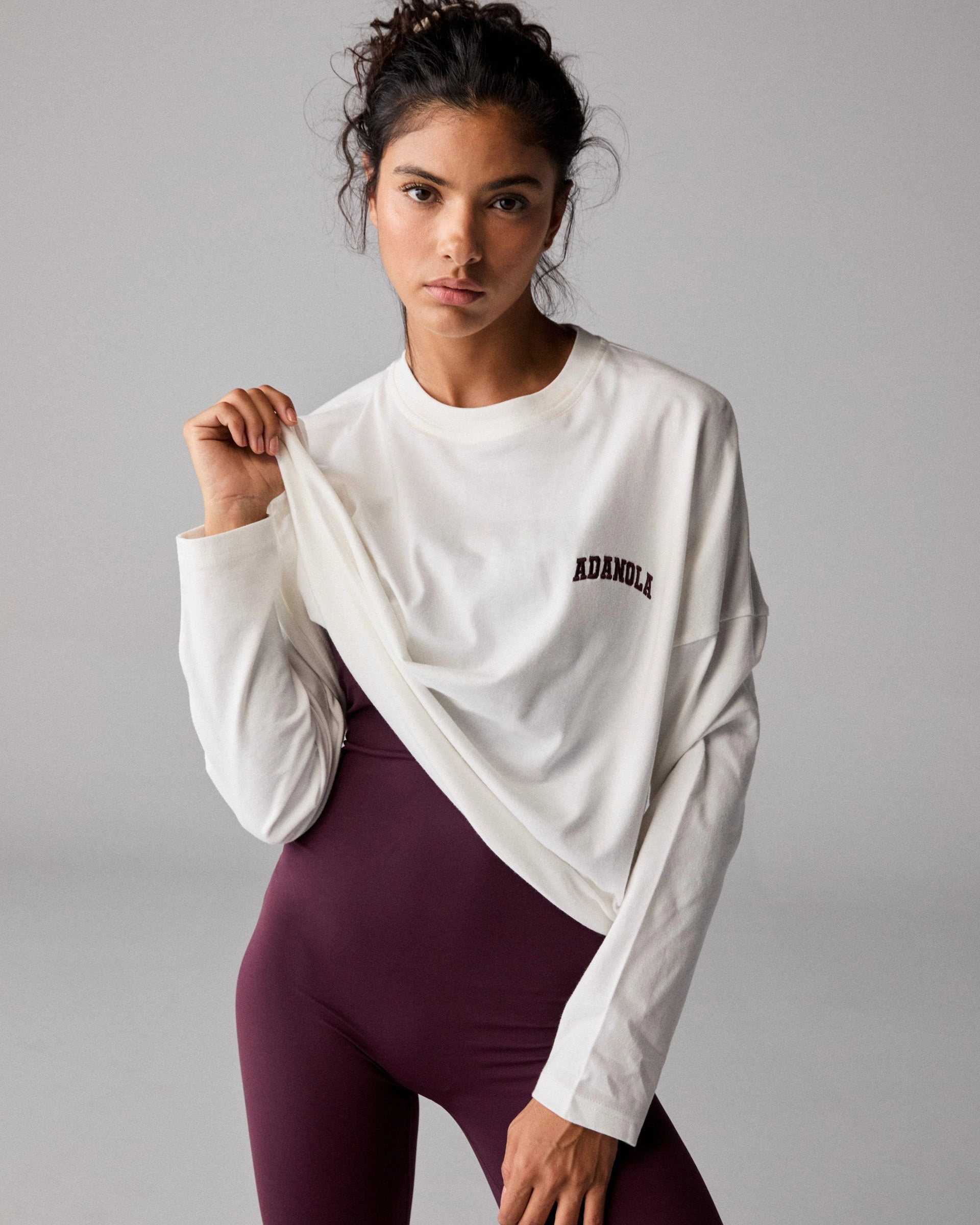 Varsity Long Sleeve Drop Shoulder T-shirt - White/Dark Cherry DurableBlend Recycled Polyester