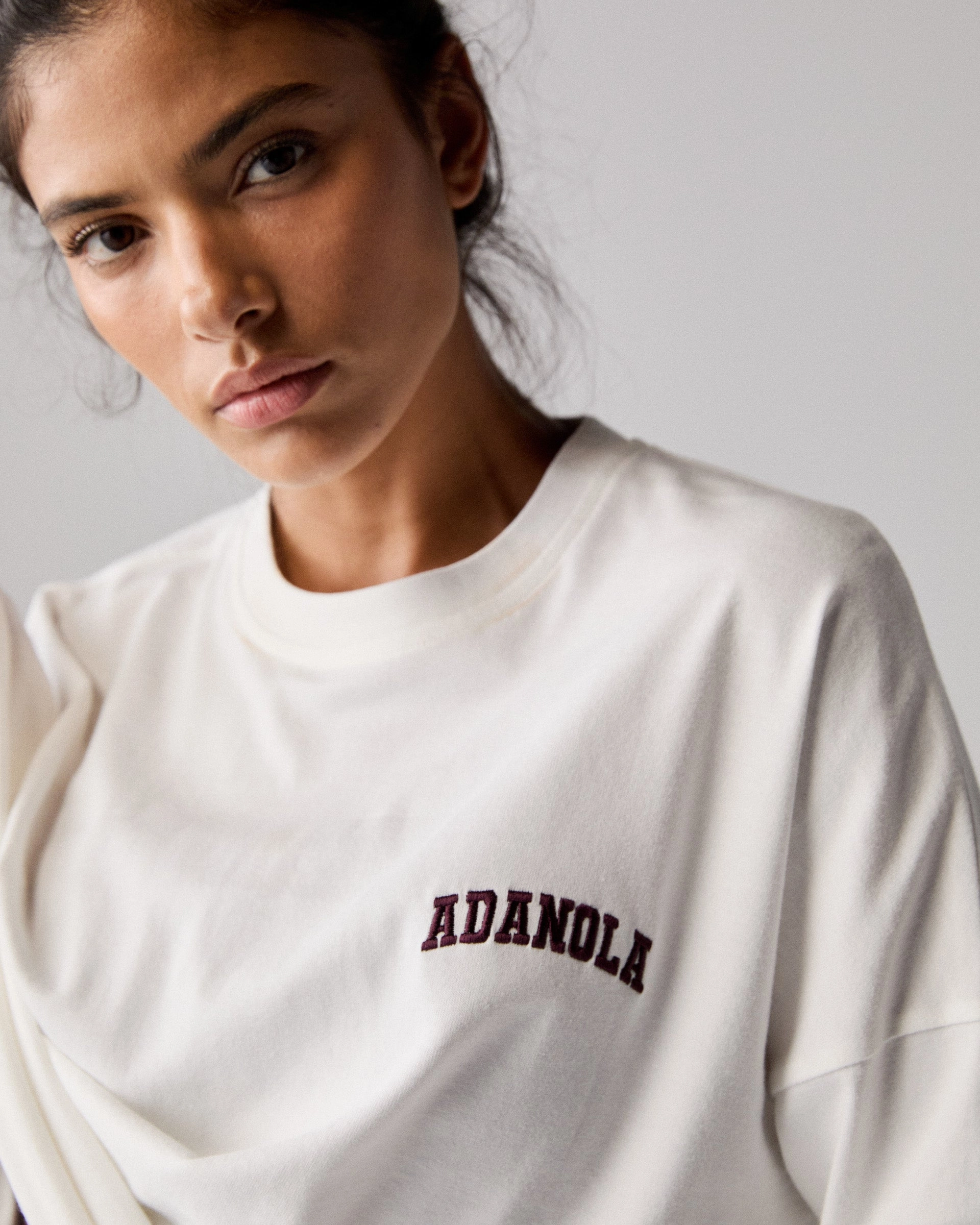 Varsity Long Sleeve Drop Shoulder T-shirt - White/Dark Cherry ButtonlessClosure