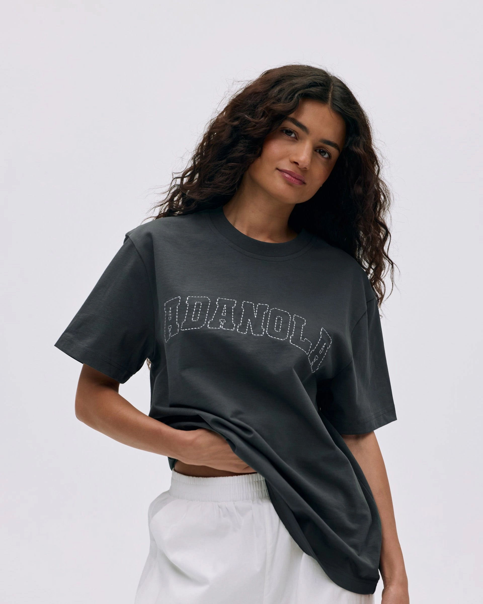 Varsity Stitch Short Sleeve Oversized T-shirt - Graphite Grey/Marshmallow White Anti Pilling Treatment BlendMaterials