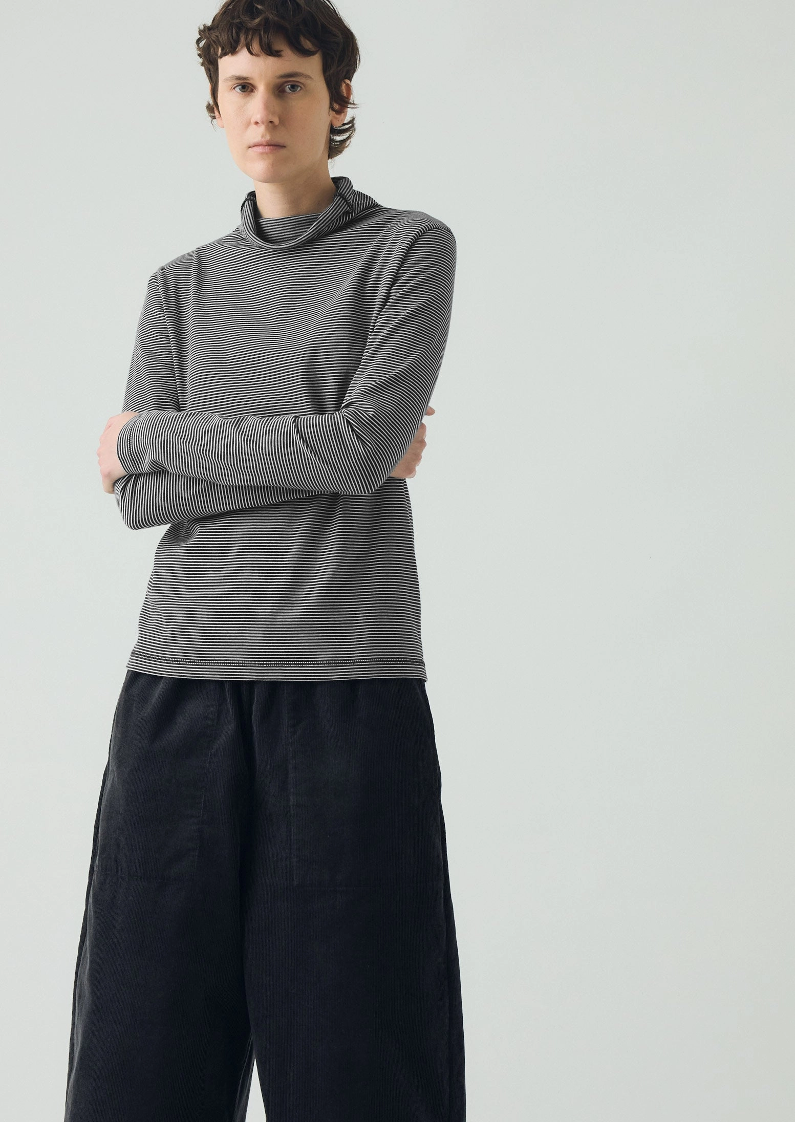 Stripe Cotton High Neck Tee | Dark Navy/Ecru LongSleeve Breathable Knit Fabric