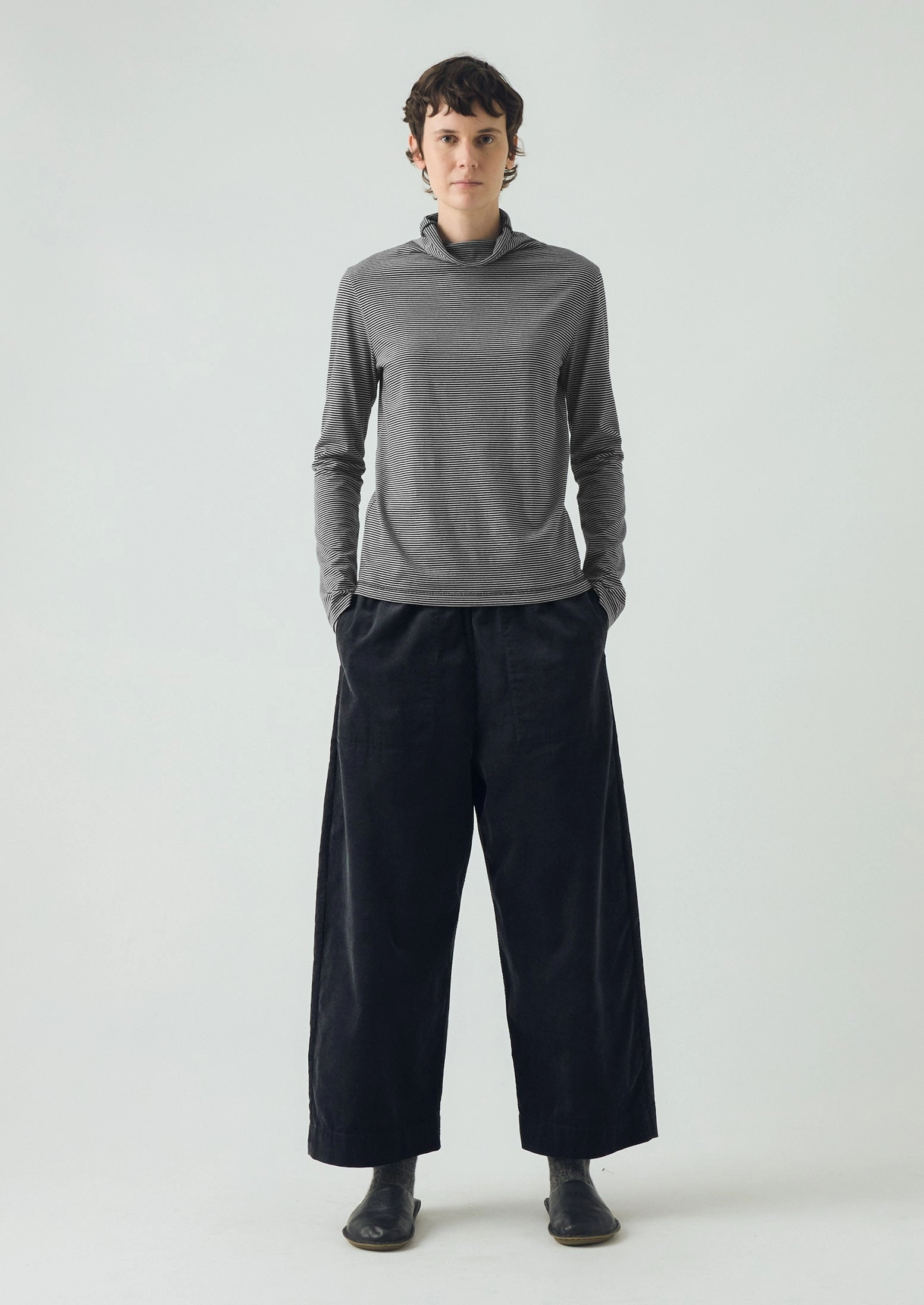 Ribbed Trims Stripe Cotton High Neck Tee | Dark Navy/Ecru