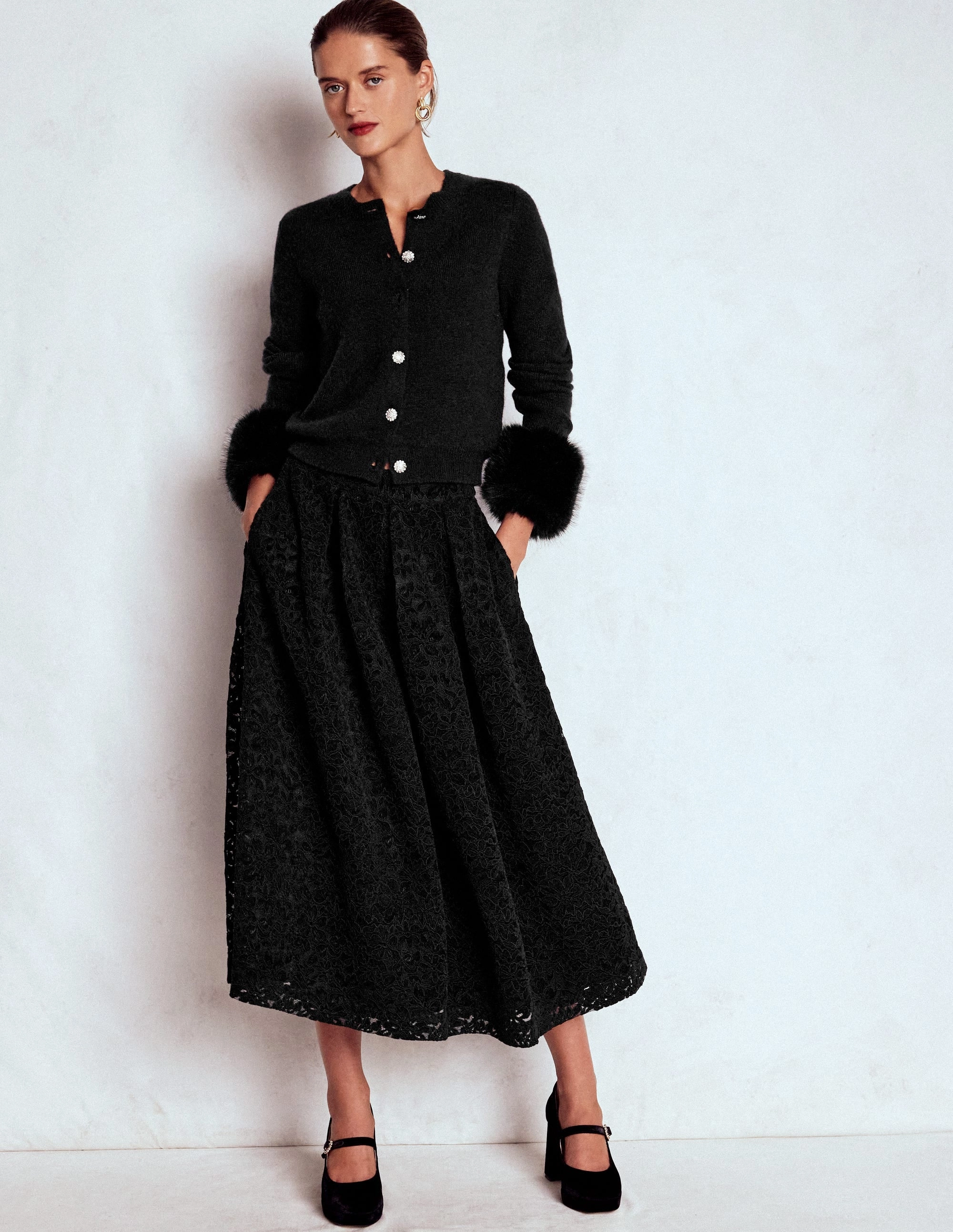 Verity Lace Midi Skirt-Black Lace Breathable fabric