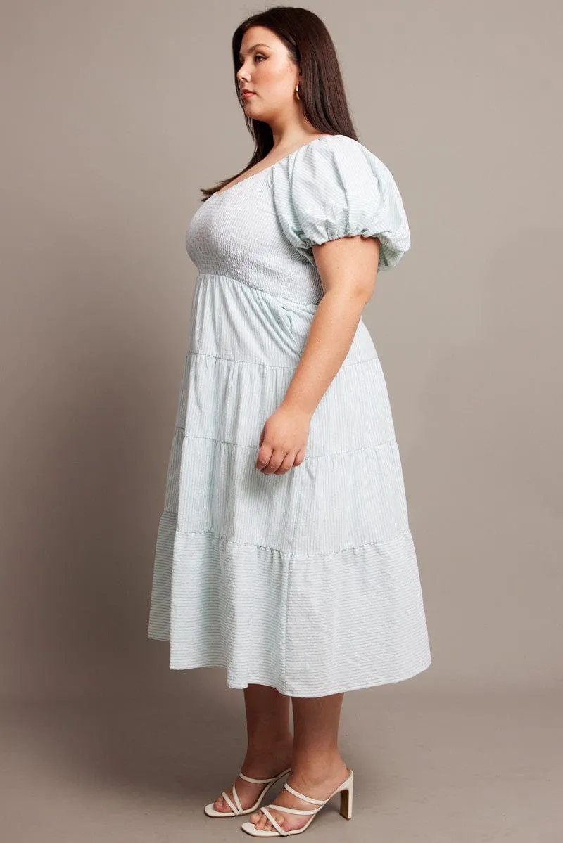 Green Stripe Midi Dress Short Sleeve Tiered Monochrome Mood Clean Flow