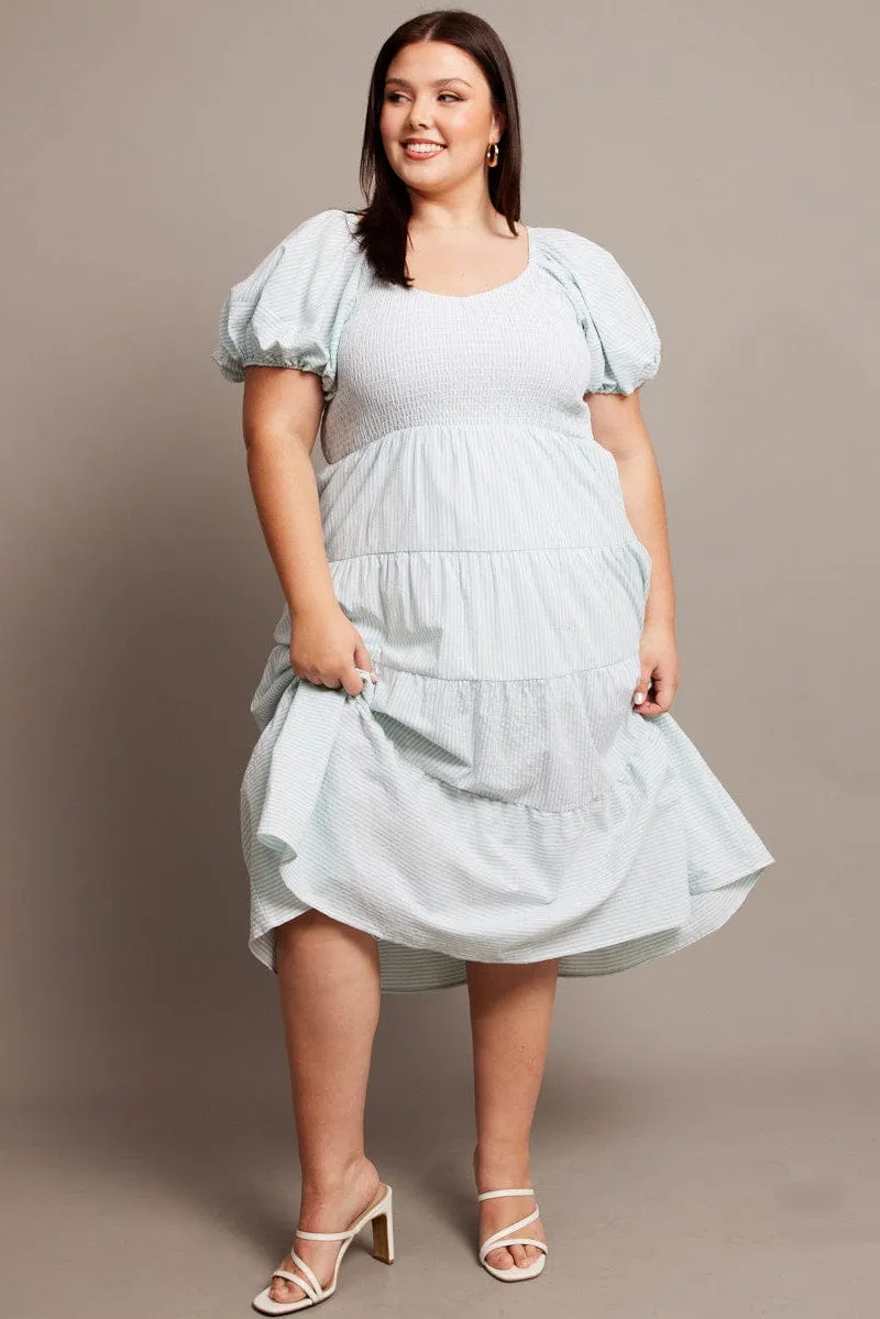 Green Stripe Midi Dress Short Sleeve Tiered Stylish Feel