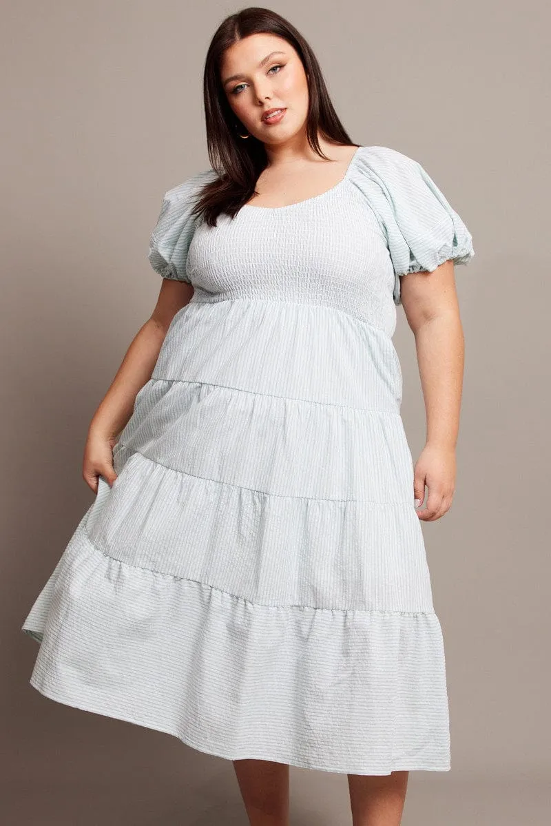 Green Stripe Midi Dress Short Sleeve Tiered Embroidered Fabric Work Vibes