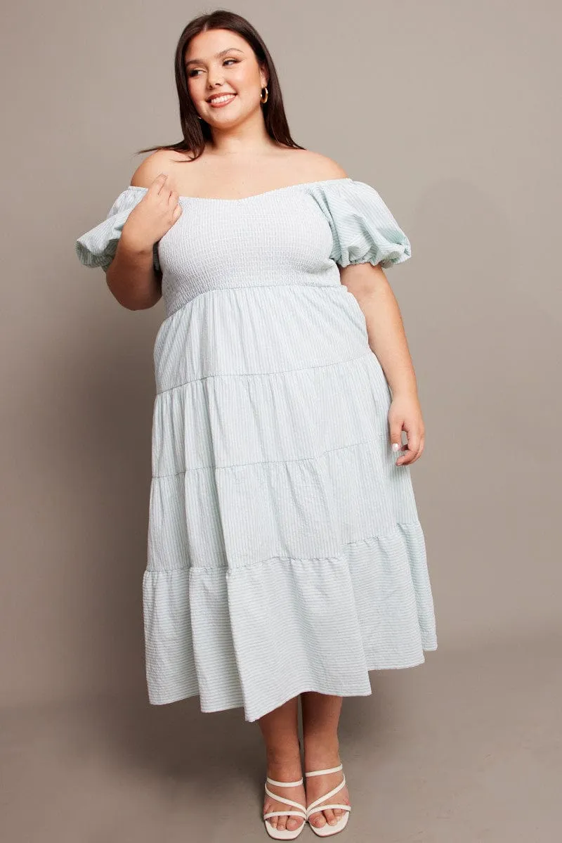 Smart Silhouette Fresh Motion Green Stripe Midi Dress Short Sleeve Tiered