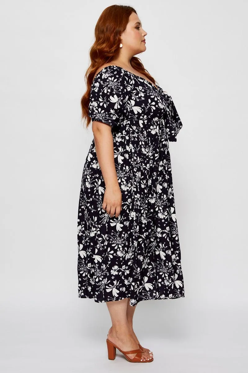 Urban Aesthetic plus-size Floral Print Midi Dress V-neck Short Sleeve