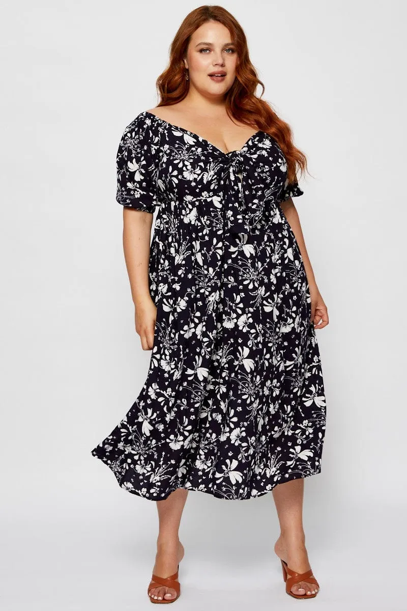 Flowy casual dress Beaded-Edge Floral Print Midi Dress V-neck Short Sleeve