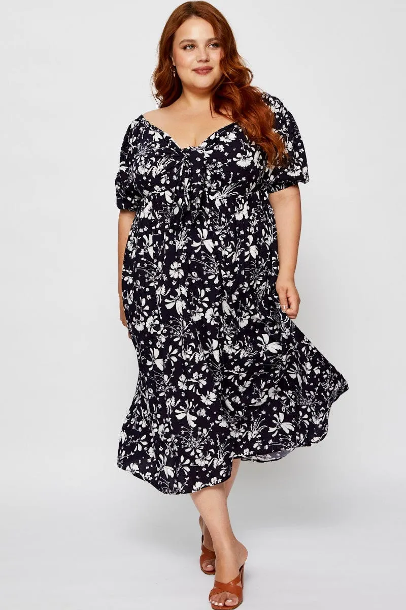 Heart Tone All-season Floral Print Midi Dress V-neck Short Sleeve