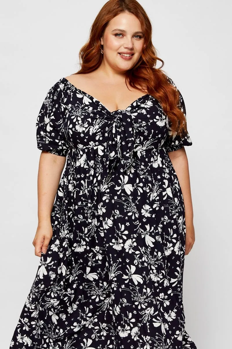 Floral Print Midi Dress V-neck Short Sleeve Satin-Finish