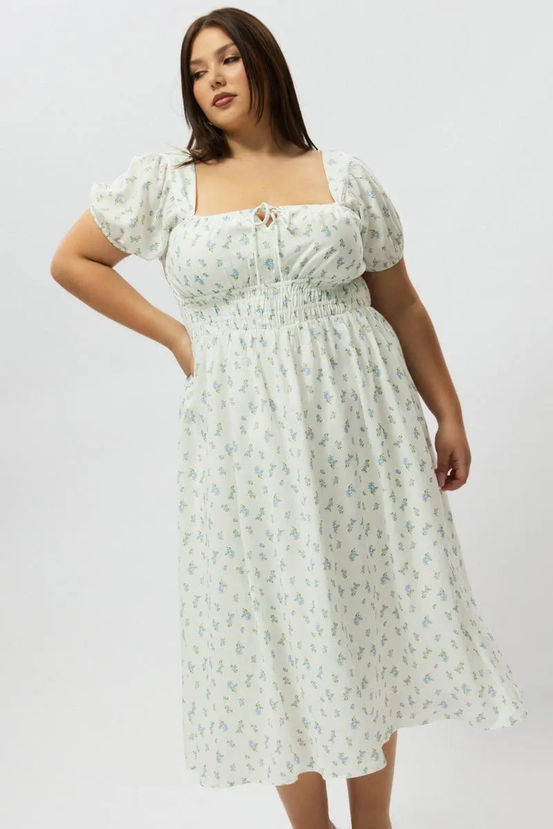 Blue Ditsy Midi Dress Short Sleeve Ruched Bust Linen Vibe Simple Touch