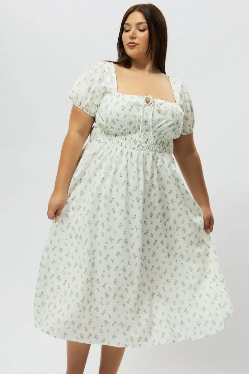 Blue Ditsy Midi Dress Short Sleeve Ruched Bust Layered Texture